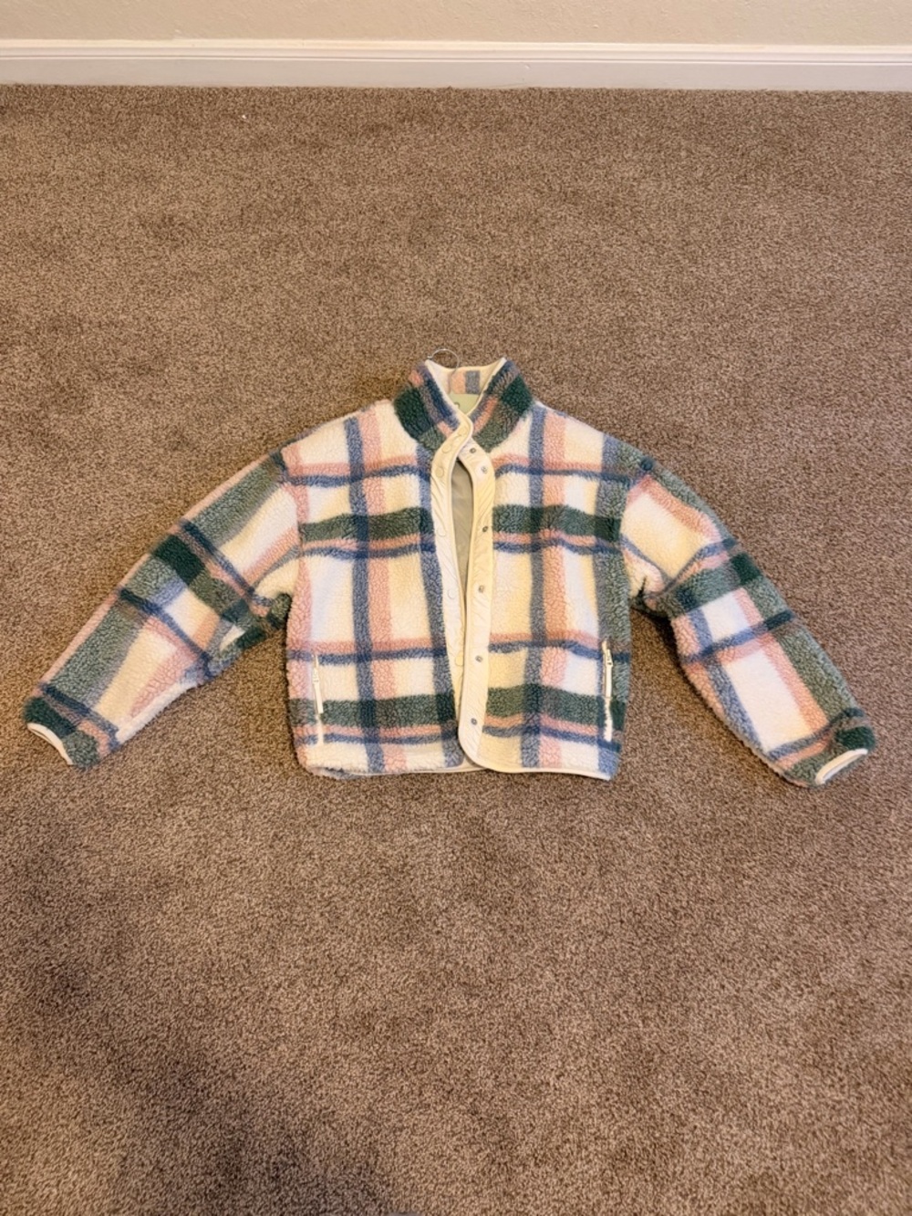Fabletics Plaid Sherpa Jacket - Cream, Green, Blue & Pink